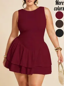 【Plus-Size】1 Piece Sleeveless Ruffle Hem Mini Dress, Elegant Feminine Style, Stretchy Slim-Fit Bodice & Double-Layer Ruffle Skirt Detail, For Curvy Women, Perfect for Brunch, Date Night & Party Looks,TikTok Viral Fashion