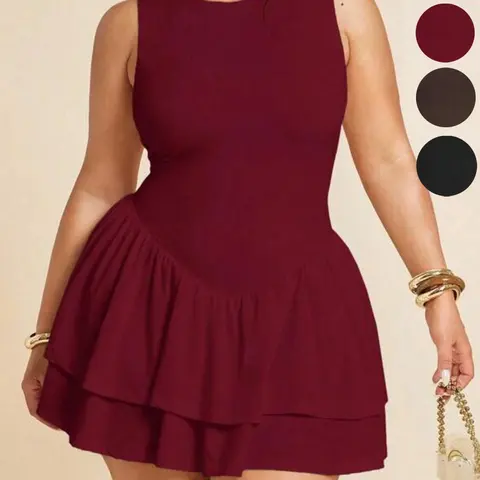 [Plus-Size] Sleeveless Ruffle Hem Mini Dress, Bodycon Cocktail Sundress, Date Night Dresses, Stretchy Slim-Fit Bodice & Double-Layer Ruffle Skirt Detail, For Curvy Women, Perfect for Summer Brunch, Date Night & Party Looks, Fashion