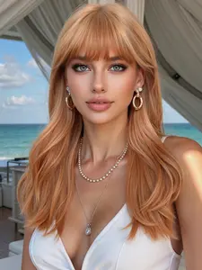 fashionable New Medium Long Curly Light orange Wigs with Bangs and Highlights, Synthetic Women's wigs suitable for ordinary Work, Life, dance Parties and all occasions, Synthetic Machine Wigs