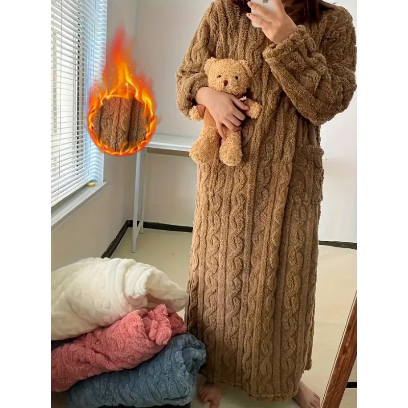 [Warm Plush] Cozy Coral Fleece Long Nightdress with Pockets | 1pc | Fleece | Warm, Plush, Thickened, Pockets | Home Wear | Adults | Winter