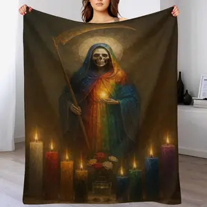 Rainbow Cloak Grim Reaper with Candles  Floral Altar Flannel Blanket, Day of the Dead Art Print Pattern,Soft Cozy Lightweight Warm,Suitablefor Halloween Decor,Home Decor,Living Room,Bedroom,Sofa,Travel,Perfect Gift for Birthday,Anniversary