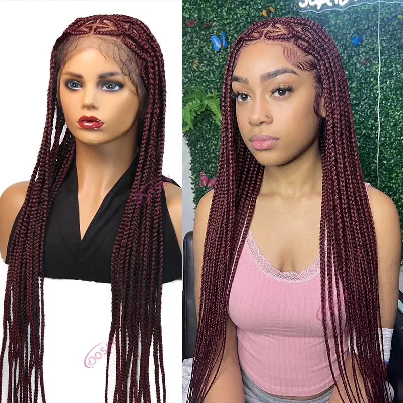 Ventilating Full Lace Cornrow Braids Wig Burgundy Handmade Crochet Braiding Hair Braided Wig Synthetic Cherry Cola Knotless Box Braids Wigs For Black Women