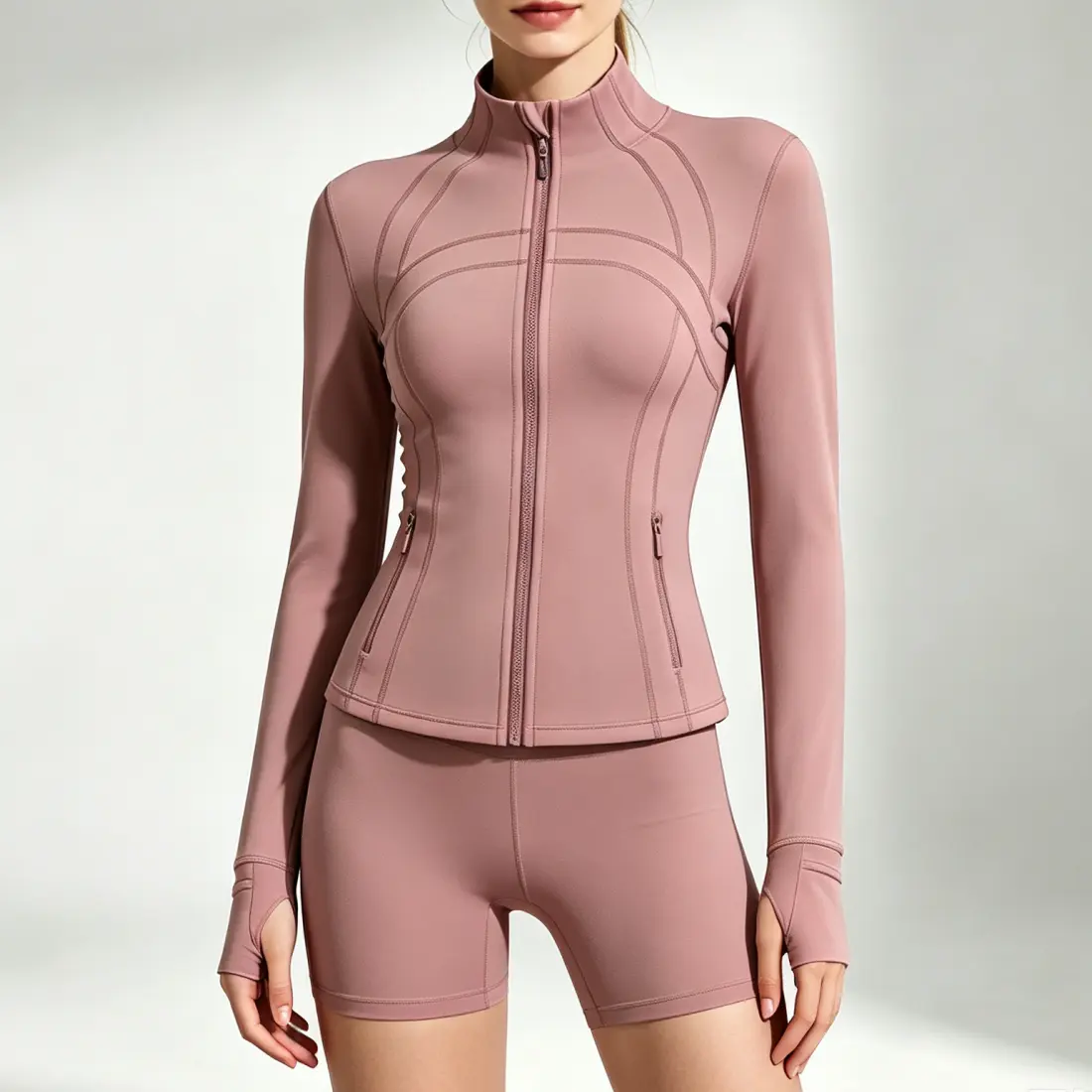 Women’s running fitness outdoor top featuring a stand collar and zippered pockets; stretchy, minimalist, stylish, sexy slim fit; women’s long-sleeve yoga jacket for everyday sports and casual wear.