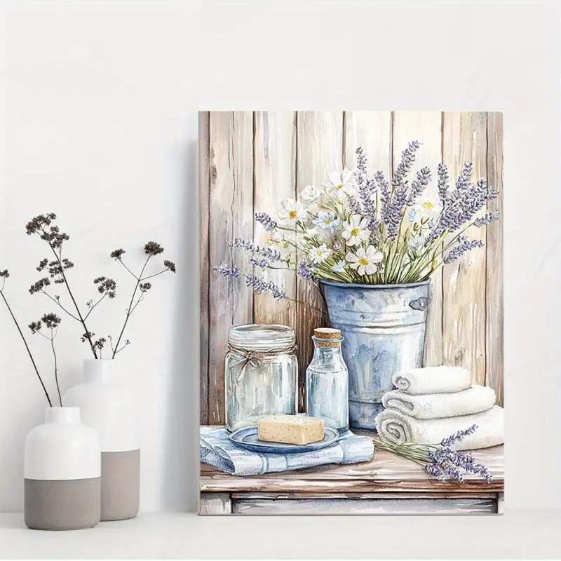 Charming Purple Lavender Farmhouse Bathroom Wall Art-Framed Canvas for Home, Office and Bedroom Decoration-Wrapped Canvas