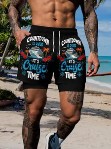 Men's Summer New Cruise Time Printed Beach Pants, Dual-Layer Lining, Breathable Quick-Dry, Cruise Travel Photography, Beach Outdoor Wear