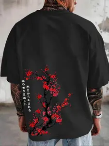 Men's Cherry Blossom Floral Print Short Sleeve Round Neck Graphic Tee, Loose Casual Japan Style T-shirt for Summer, Men's Top for Daily Wear, Menswear