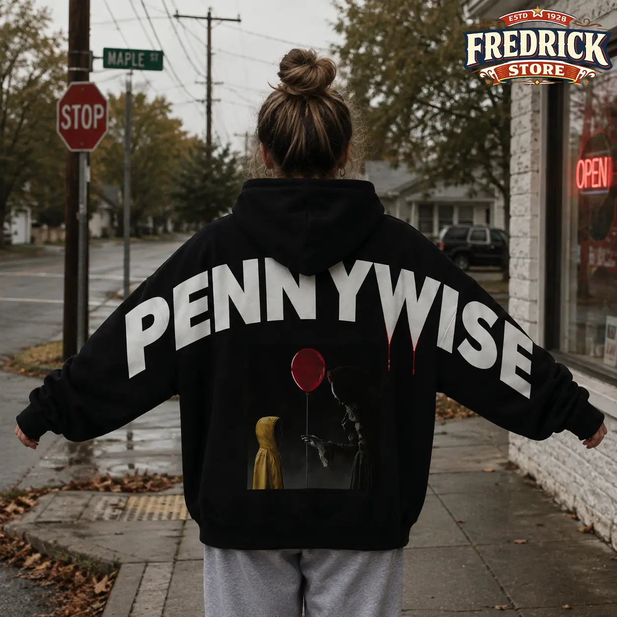 Pennywise Horror Shoulder-to-Shoulder Back Lettering Sweatshirt Hoodie, Scary Movie Graphic Pullover, Spooky Season, Gift for Him and Her, Vibes