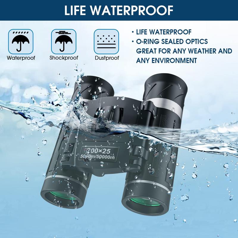 200x25 Compact Binoculars for Adults & Kids High-Powered Mini Pocket Waterproof for Bird Watching Hunting Concert Traveling FMC Coating Easy Focus Lightweight Gift