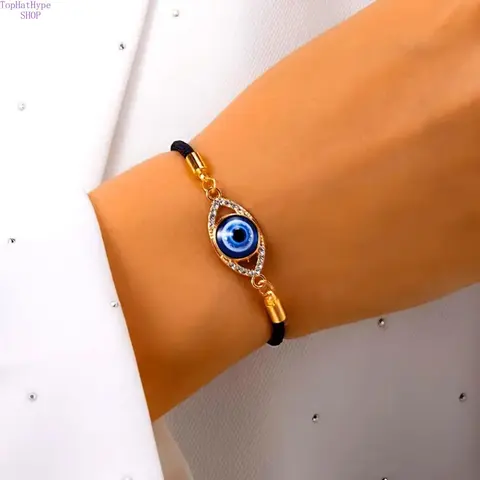 Female 2-Piece Ethnic Turkish-Style Evil Eye Enamel Cord Bangle Set, Adjustable Protection Charm Bracelet, Lightweight Stackable for Daily Casual Wear & Birthday Gifting, Evil Eye Charms