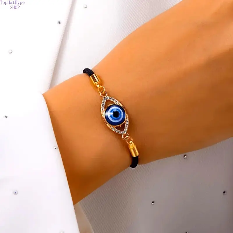 Female 2-Piece Ethnic Turkish-Style Evil Eye Enamel Cord Bangle Set, Adjustable Protection Charm Bracelet, Lightweight Stackable for Daily Casual Wear & Birthday Gifting, Evil Eye Charms