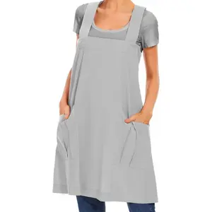 WROLEM Women's Cotton Cross Back Apron Pinafore Dress with Big Pockets Loose Square Apron for Baking Cooking Gardening