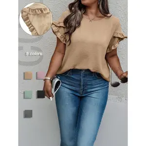 Plus Size Women's Solid Color Ruffle Trim Petal Sleeve Blouse, Plus Casual Short Sleeve Round Neck Top for Summer, Women's Plus Clothing for Daily Wear