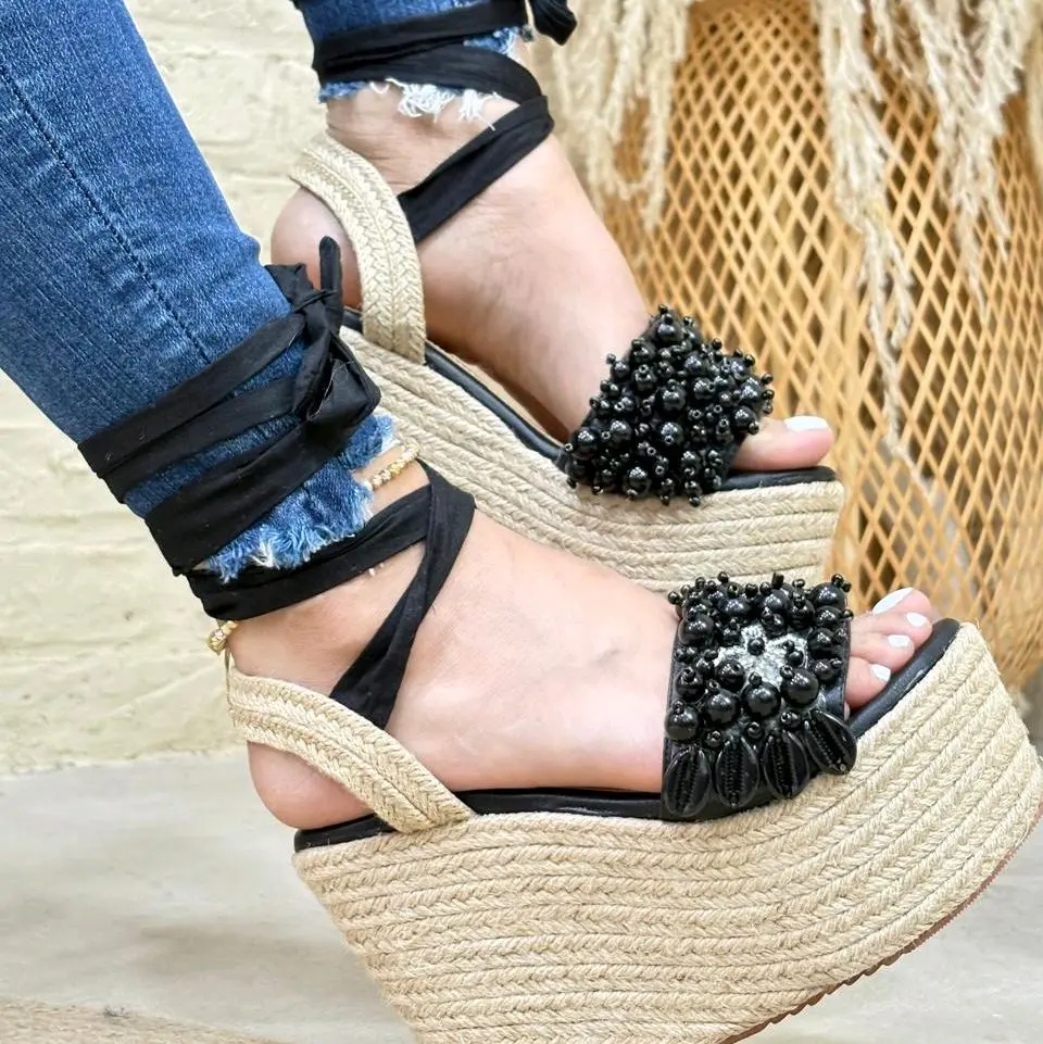 JIMeNA a Jute Wedge Sandals 12 cm with Beaded Decor and Ankle Ties for Stylish Comfort Shoe Summer