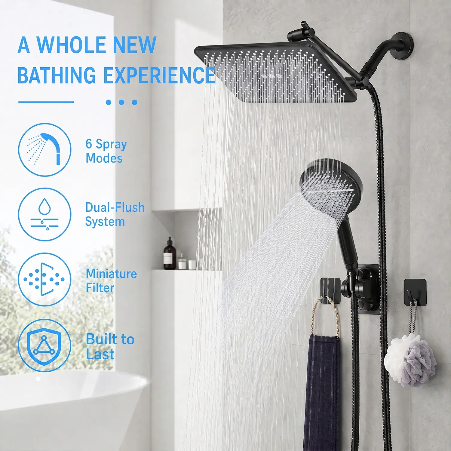 Shower Head Set: Premium High-Flow Overhead andHandheld Shower with Long Hose, 3-Way Water Diverterfor Bathroom