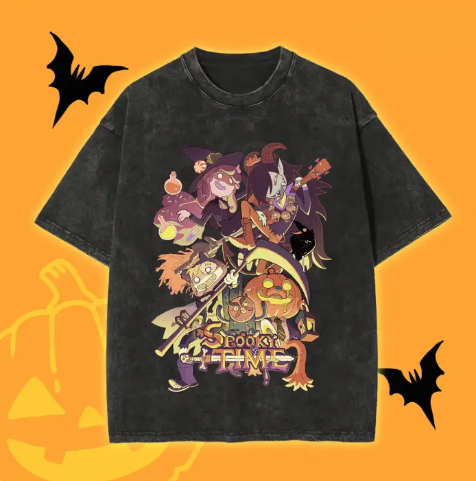 Adventure Time Spooky Time Graphic T-Shirt Vintage Acid Wash Oversized Halloween Tee