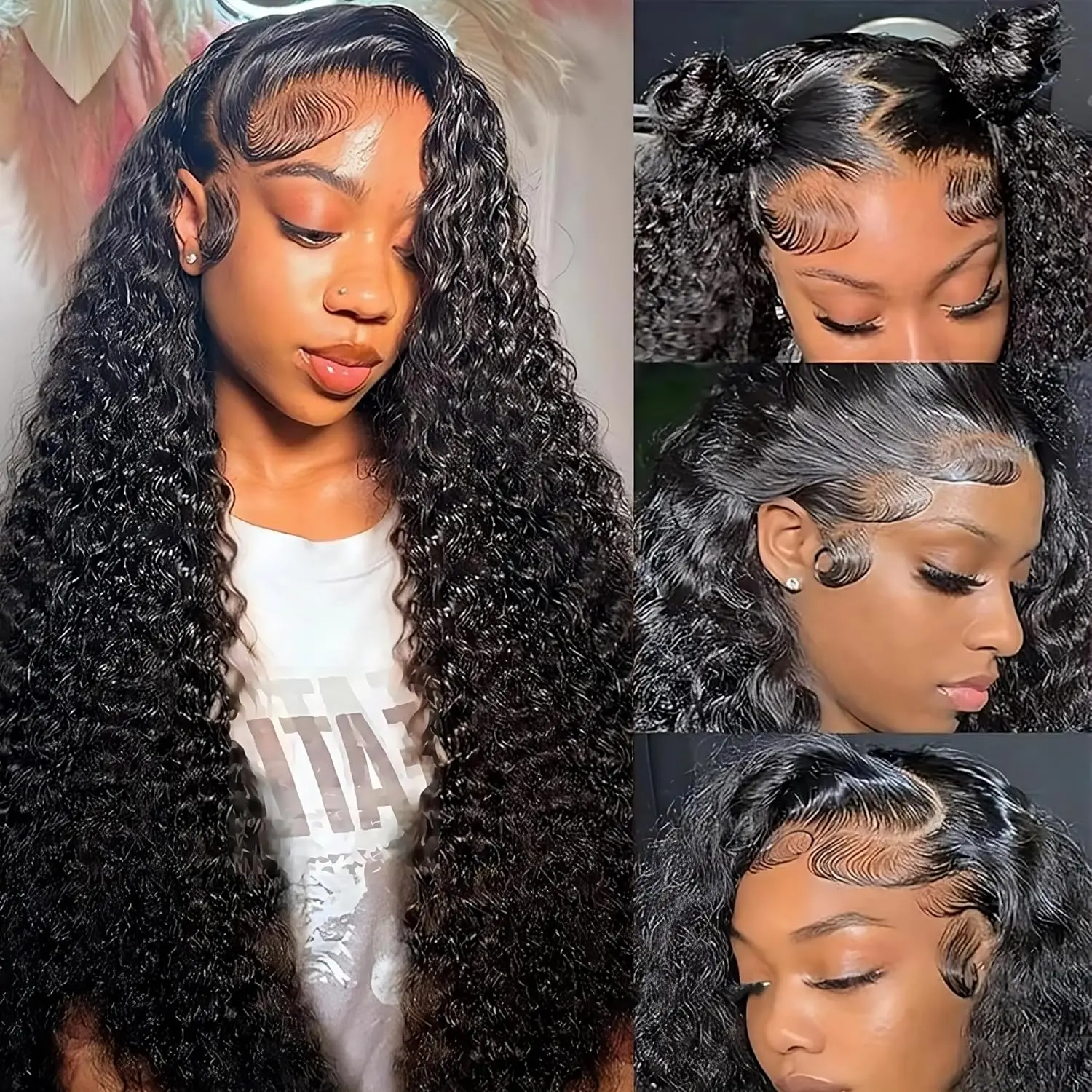 Deep Wave Lace Front Wigs Human Hair 13x6 HD Transparent Human Hair Lace Front Wigs 180 Density Curly Human Hair Wig Pre Plucked Deep Wave Frontal Wigs With Baby Hair Natural Color springtok