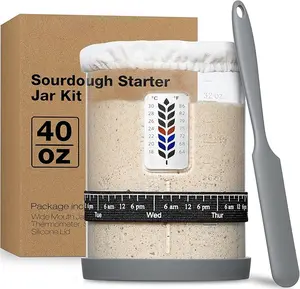 Premium Pro Sourdough Starter Jar Kit - 40oz Large Wide Mouth Sourdough Bread Jar with Marked Feeding Band, Thermometer, Scraper, Cloth Cover and Silicone Lid/Base, Glass Container, Baking Supplies