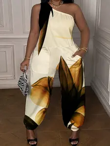 Elegant One-Shoulder Jumpsuit with Abstract Floral Pattern - Beige & Black, Asymmetrical Neckline, Flowy Design, Perfect for Formal Events, Summer Style, Adult Women'S Fashion, Elegant Attire | Asymmetrical Neckline | Flowy F