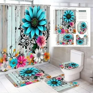 4pcs Rustic Farmhouse Bathroom Decor Set with Teal Blue Daisy Floral Shower Curtain, Vintage Wood Plank Design Bath Mat, Elegant Black Scrollwork, and Colorful Flower Accents - Perfect for Spring Refresh and Seasonal Decor