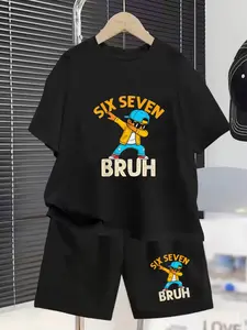 Six Seven Bruh 67 Digital Print Children's Set, Youth Kits, Summer New Design Boys And Girls Short-Sleeved T-Shirts + Shorts 2-Piece Set, Comfortable, Casual, Fashionable, Daily Versatile, Ideal Gift Choice