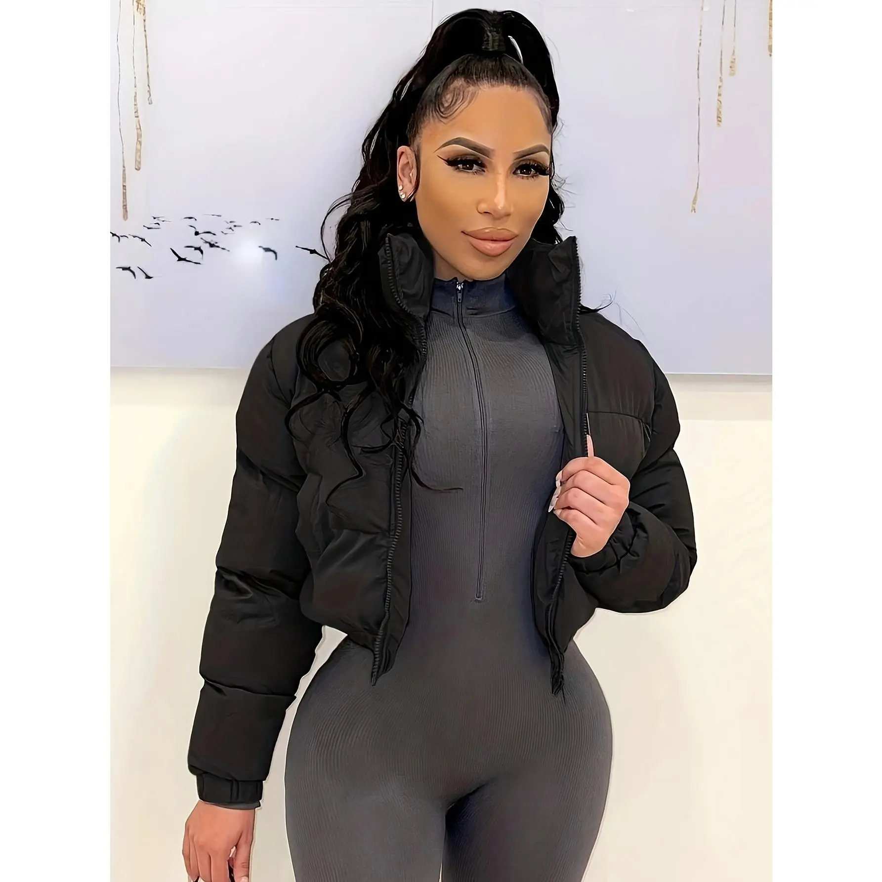 Women's Quilted Cropped Puffer Jacket, Sporty Chic Long Sleeve Zip Up Stand Collar Coats, Casual Autumn Winter Tops, Longsleeves