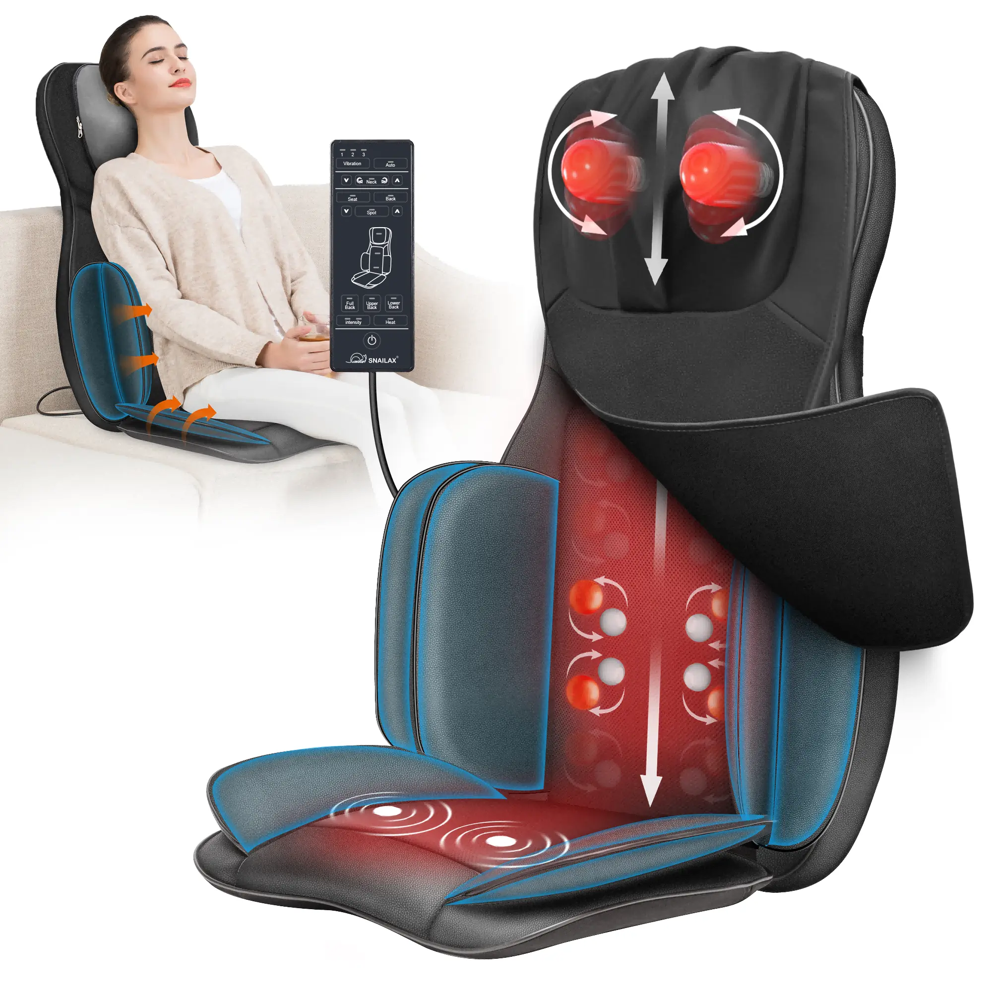 Snailax Upgrade Shiatsu Massage Chair Pad with Heat - Adjustable Compression, Rolling, Vibrating & Motorized Functions - Full Body Neck Back Massage Seat Cushion - Gifts for Adults, Vibrating Massage Chairs, Motorized Massage Chairs