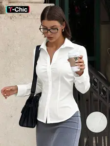Women's Polo Neck Long Sleeve Top, Blouse, Shirts, Loose-Fitting Casual Style, Spring & Fall Fashion, Versatile Daily Wear, Comfortable Fit