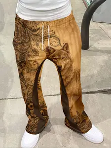 Men's New Vintage Bell Bottom Pants, 3D Wolf King Full Print Casual Wide Leg Pants, Lightweight Breathable Fashion Long Pants, Comfortable Sportswear