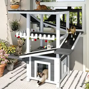 Outdoor Cat House, 4 Tiers Cat Tree Tower with 4 Climbing Ramps & Multiple Jump Platforms, Waterproof Roof and 2 Doors, Feral Cat Shelter Outside Enclosure, Multi-Level Play Zones (Grey+White/20)