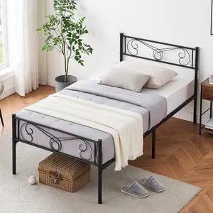 Twin Size Black Metal Bed Frame with Storage, Vintage Pattern Headboard & Footboard, Labeled Parts, No Box Spring Required, Rubber Pads, Stylish Design, Easy-Assembly Mattress Foundation