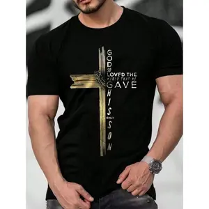 Manfinity LEGND Men Letters And Cross Print Round Neck Short Sleeve Casual T-Shirt, Boyfriend Gift, For Work