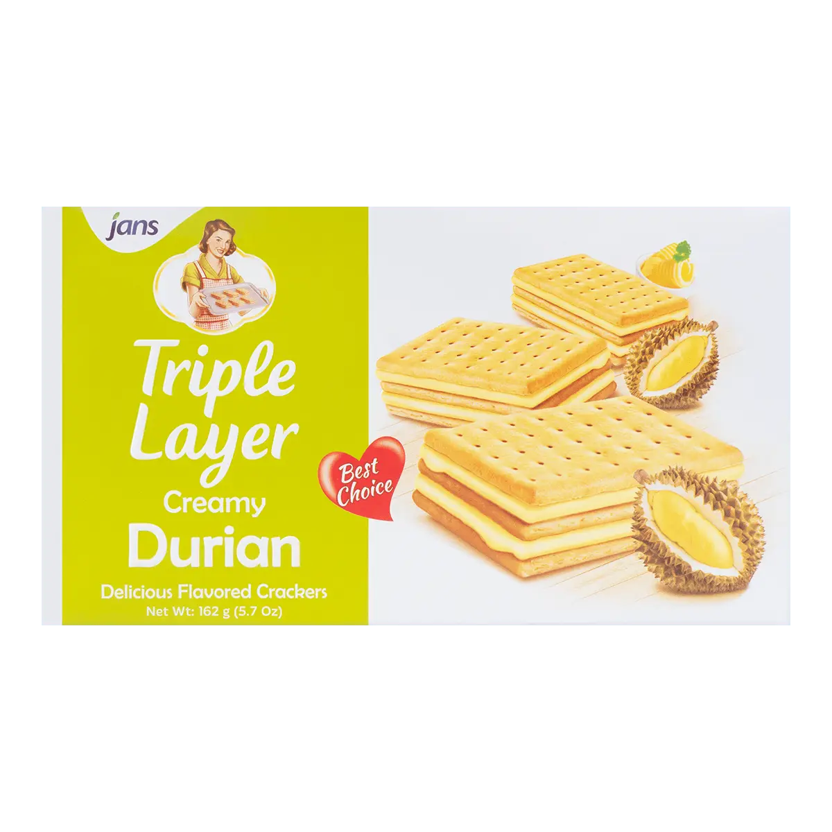 JANS Indonesian Durian Sandwich Cookies, 3-Layer Cream Filled Biscuits, 5.7oz Snack Pack JANS Indonesian Durian Sandwich Cookies, 3-Layer Cream Filled Biscuits, 5.7oz Snack Pack