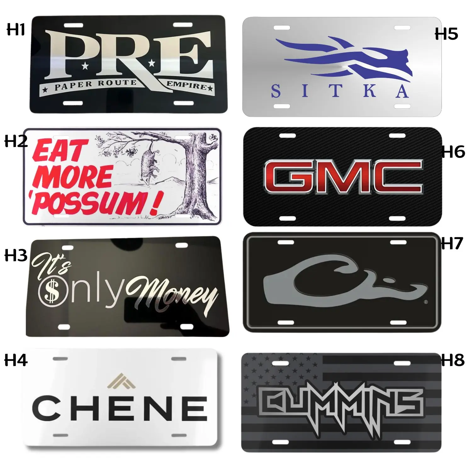 Retro PRE Paper Route Empire License Plate, GMC Logo Vanity Plate, Cummins American Flag Tag, Drake Waterfowl, SITKA Hunting, Eat More Possum, It's Only Money, CHENE Front Car Tag Gift Car Tag