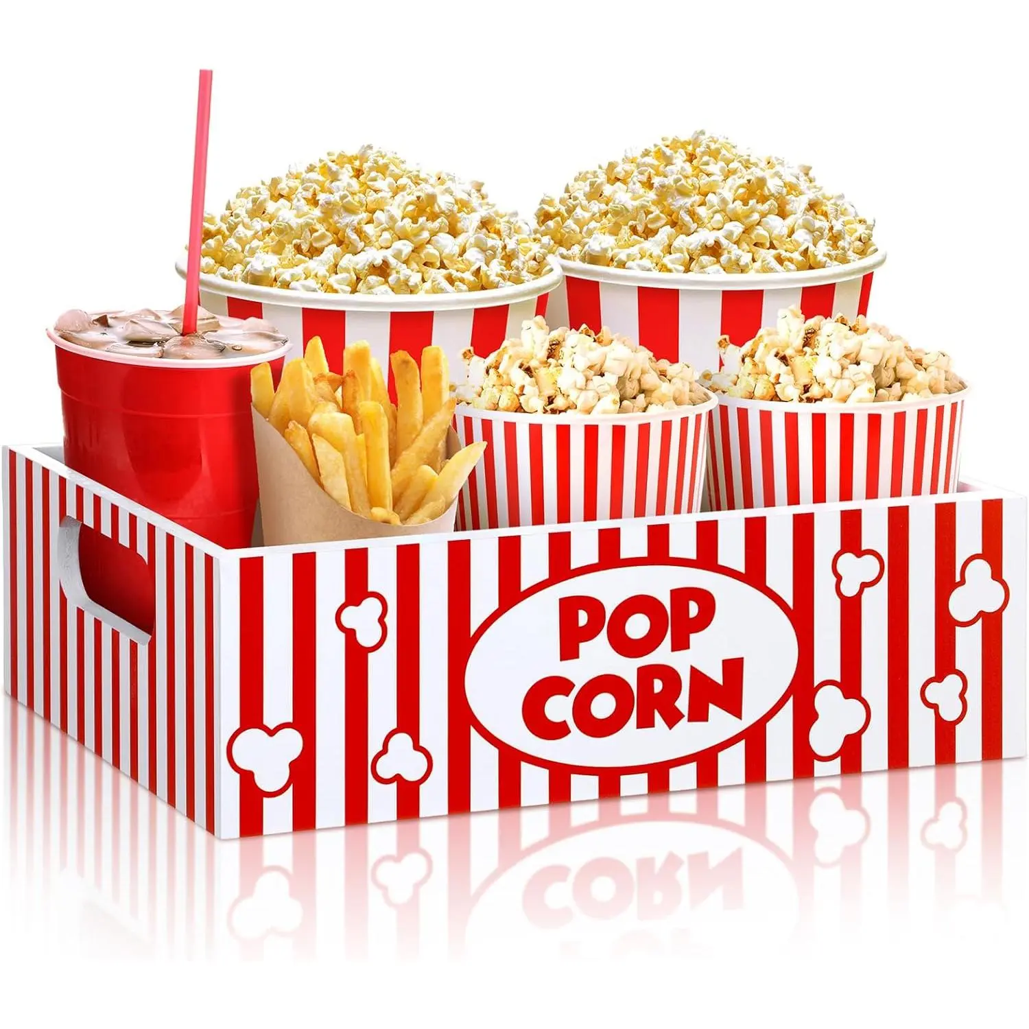 Sturdy Reusable Wooden Movie Night Snack Tray with Handles - Valentine Movie Night Popcorn Bowl Organizer, Happy Birthday Gift for Friends, Family Theater Room Decor, Stripes