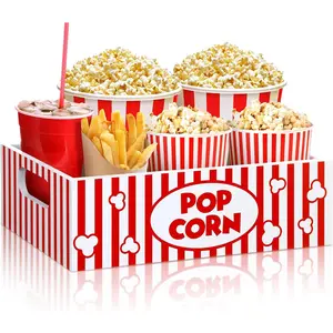Movie Night Supplies Snack Tray with Handles for Theater Popcorn Bucket Bowl Box Reusable Wooden Gift Basket Organizer holder for Family Theater Room Decor(Popcorn)