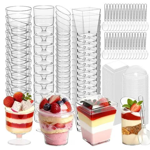 380 PCS Mini Dessert Cups with Lids and Spoons, Disposable Food Grade Plastic Parfait Cups, Appetizer Shooter Cups, Round Yogurt Cups for Parties, Ice Cream, Pudding, Fruit, Party Supplies, Disposable Tableware Supplies