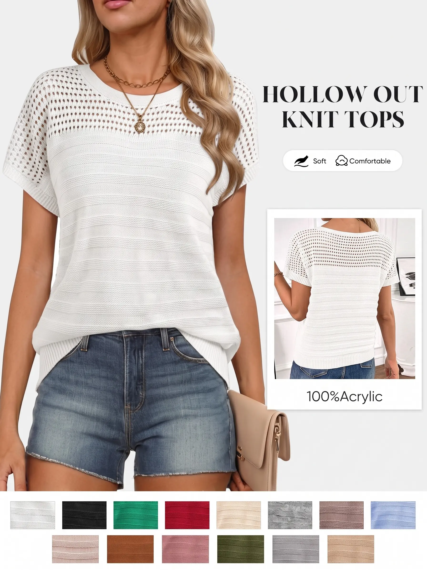 Shewin Women's Hollow Out Knit Sweater, Short Sleeve Crew Neck Pullover, Casual & Minimalist Style, Soft Acrylic Fabric, Summer Wear