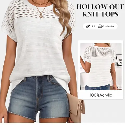 Shewin Women's Hollow Out Knit Sweater - Short Sleeve Crew Neck Fitted Basic Pullover, Soft Acrylic Fabric, Minimalist Casual Tops for Women's Clothes, Summer Dating Outfits