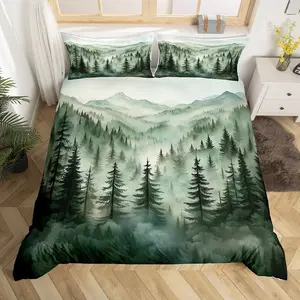 Smoky Mountain Bedding Set,Nature Forest Green Comforter Cover Rustic Woodland Botanical Pine Tree Duvet Cover for Kids Adults Natural Jungle Plants Quilt Cover Zipper