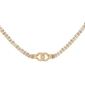 Pre-owned Chanel Gold Tone Crystal Double Row Chain Faux Pearl CC Logo Choker Necklace JLP020508