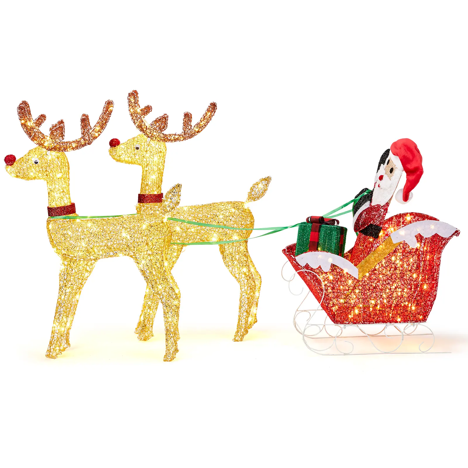 6FT Lighted Christmas Reindeer and Sleigh Outdoor Decorations, 2 Reindeer Pulling Santa’s Sleigh, Warm White LED Glitter Mesh Deer for Xmas Yard Lawn Garden Porch Holiday Decor