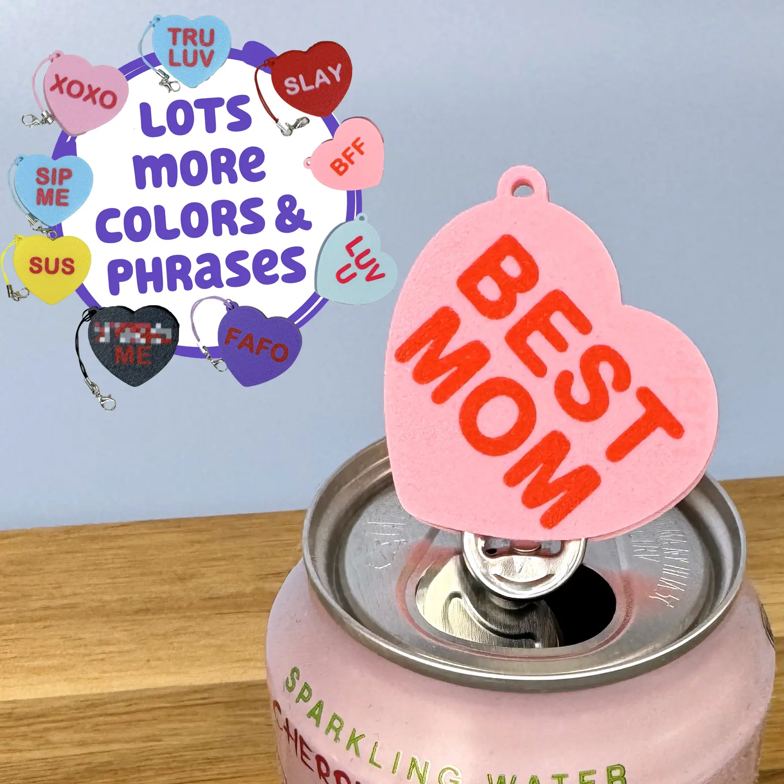 Tab Buddy Candy Heart soda can opener with Keychain strap - Sweet Mother's Day Gift BFF Birthday Present for long nails, friend, mom Kitchen Utensils