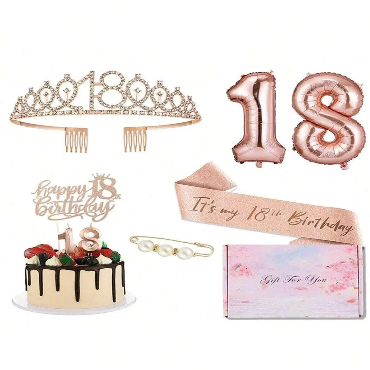 18th Birthday Decoration Set (8 Counts), Including 18th Sash, Artificial Pearl Pin, 18th Birthday Crown, Number Candles, Cake Toppers & Number Balloons