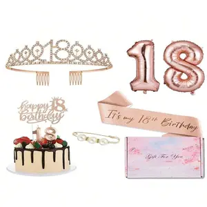 18th Birthday Decoration Set (8 Counts), Including 18th Sash, Artificial Pearl Pin, 18th Birthday Crown, Number Candles, Cake Toppers & Number Balloons