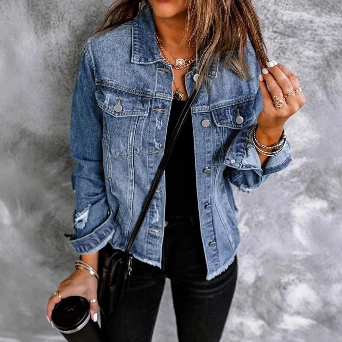 Women's Non-Stretch Washed Distressed Collared Long-Sleeve Denim Jacket - Lady's Casual Clothes, Outdoor Sports Outdoors Denim Outerwear Top Coat, Jackets, Longsleeves, Collared Neck, Casual Sports Outerwear, Button