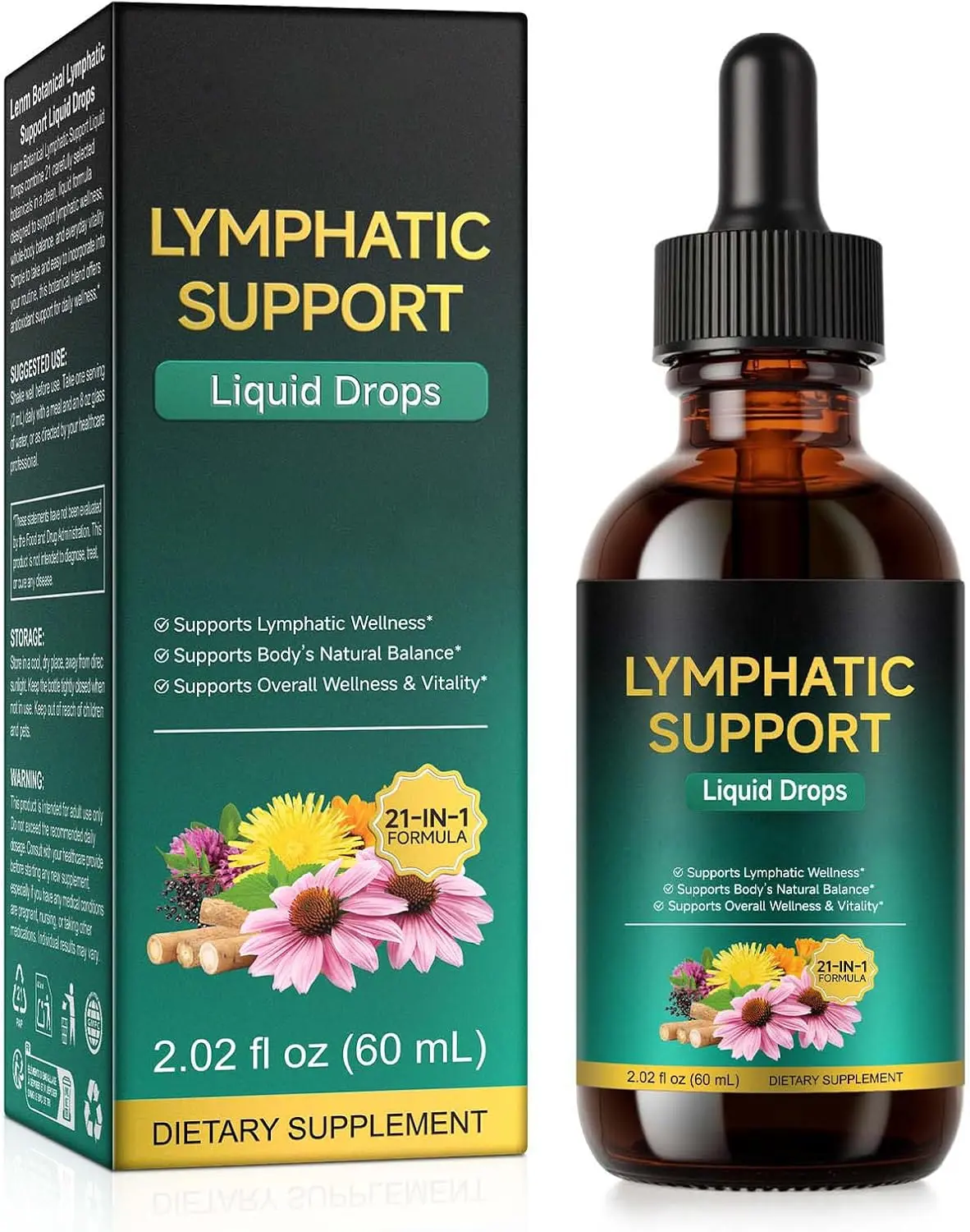 Lymphatic Drainage Drops, Support Supplement with Echinacea, Dandelion, Elderberry, Cleavers, Astragalus, Burdock & More, 2 FL OZ - Natural Lymphatic Cleanse & Immune Support