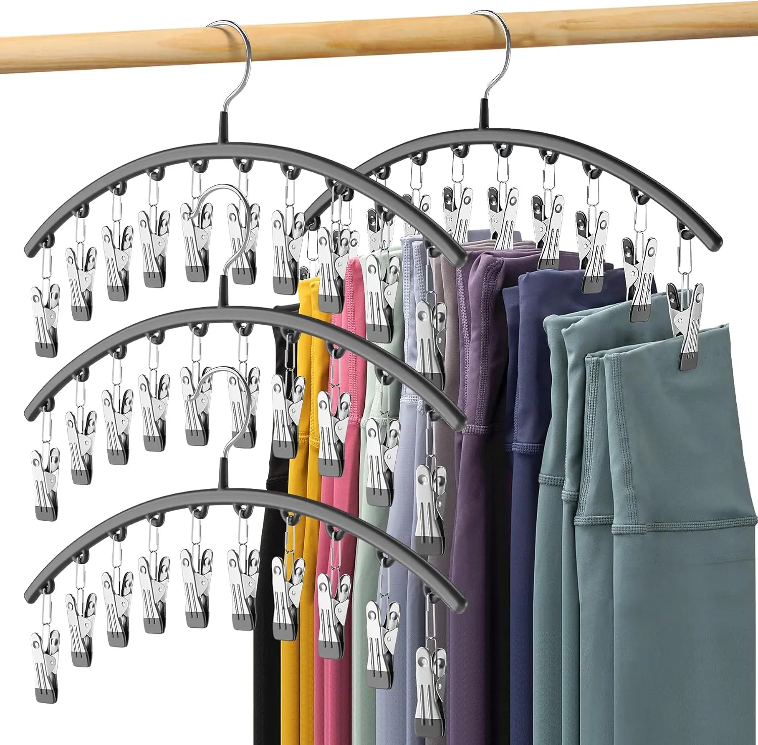 Legging Organizer for Closet, Metal Yoga Pants Hangers 2Pack w/10 Clips Holds 20 Leggings, Space Saving HangingCloset Organizer w/Rubber Coated Closet Organizers andStorage, Black