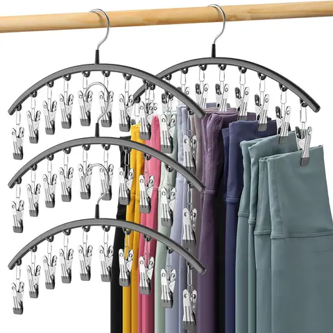Multifunctional Metal Legging Hanger Organizer (2-Pack) - ABS Closet Organization System with 10 Large Sturdy Smooth Plastic Clips, Rails, Durable Rubber Coating, 20-Capacity Black Holder for Leggings, Space-Saving Bathroom Closet Solution