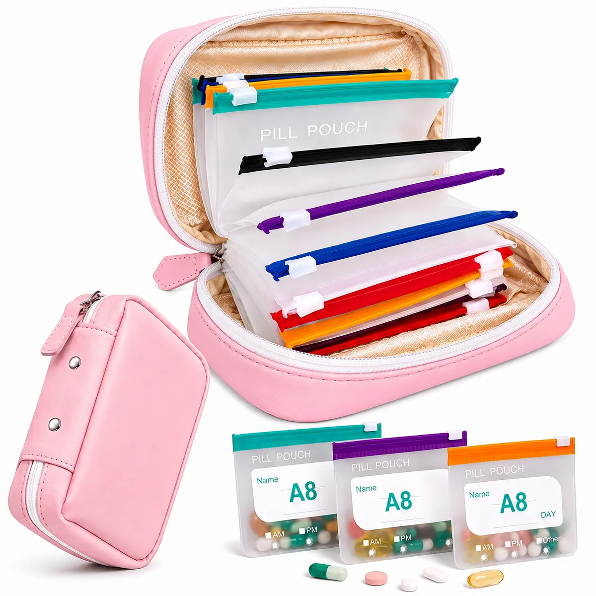 A8 Pill Pouch for Travel, Waterproof Binder Pill Organizer Set, 14 Color-Coded Airtight Reusable Zipper Pouches, Large Weekly Travel Storage for Daily Medicine, Vitamins & Fish Oils dealsforyou, summerwins