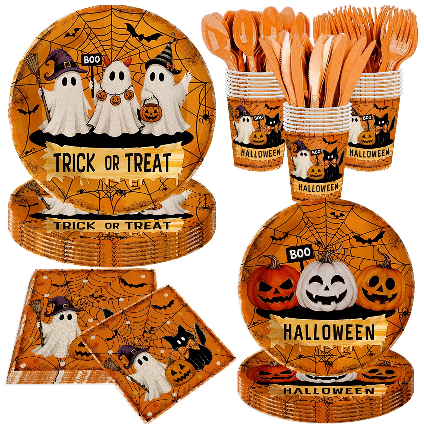 140Pcs Halloween Party Decorations Plates And Napkins Tableware Set, Pumpkin And Cute Ghost Paper Plates, Orange Plates for Halloween Party Supplies and Birthday Parties, Serves 20 Guests
